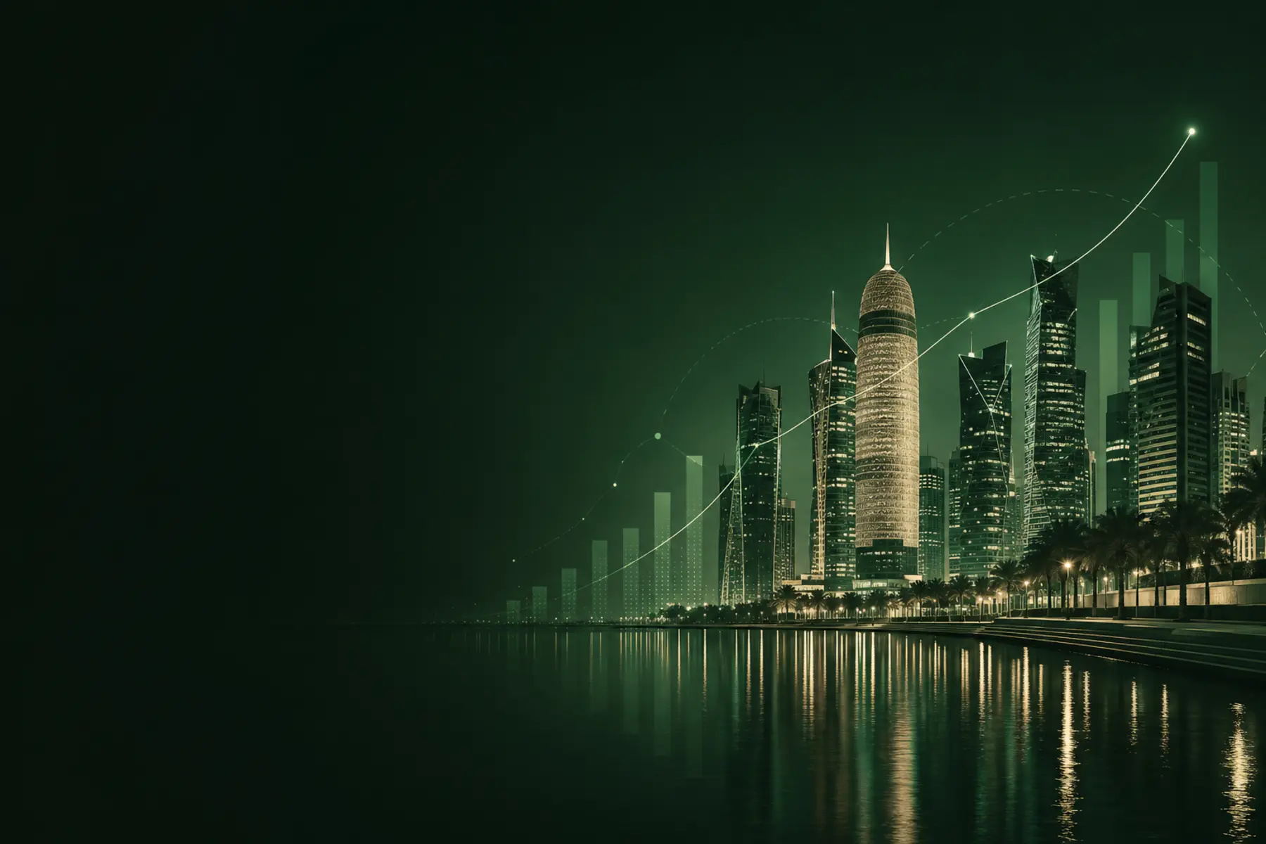 Doha skyline with financial growth visualisation